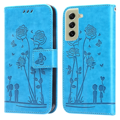 

For Samsung Galaxy S21 FE 5G Embossing Rose Couple Leather Phone Case(Blue)