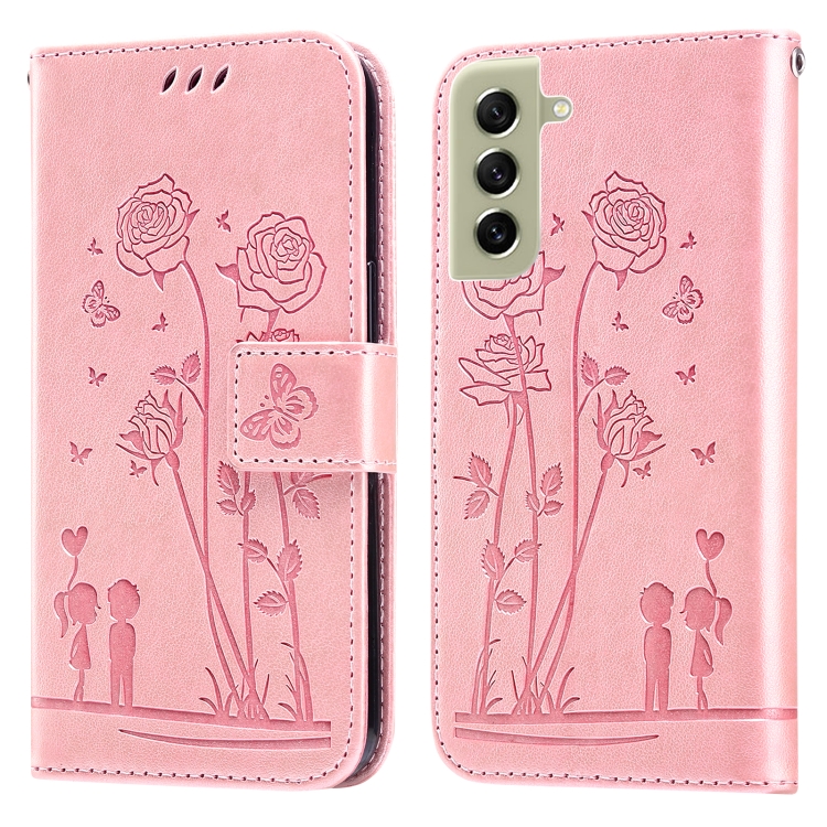 

For Samsung Galaxy S21 FE 5G Embossing Rose Couple Leather Phone Case(Pink)