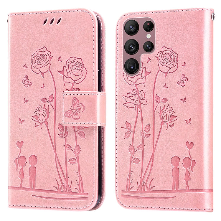 

For Samsung Galaxy S22 Ultra 5G Embossing Rose Couple Leather Phone Case(Pink)