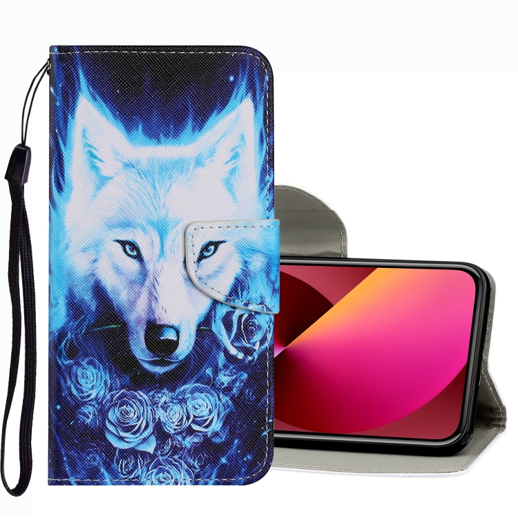 

Coloured Drawing Pattern Leather Phone Case For iPhone 13(Rose Wolf)
