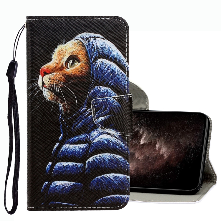

For vivo Y21 3D Colored Drawing Leather Phone Case(Down Jacket Cat)