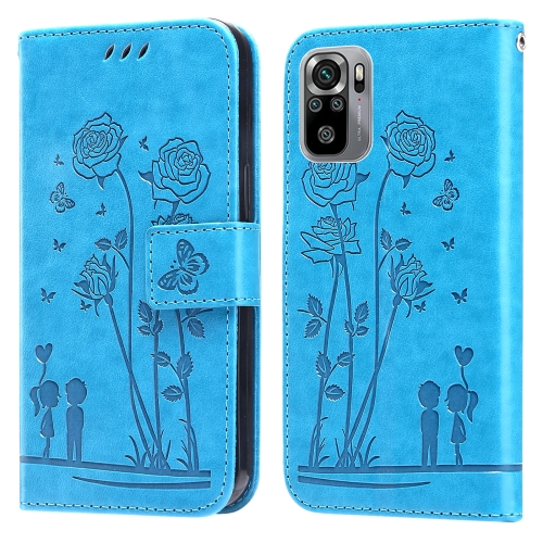 

For Xiaomi Redmi Note 10 4G Embossing Rose Couple Leather Phone Case(Blue)