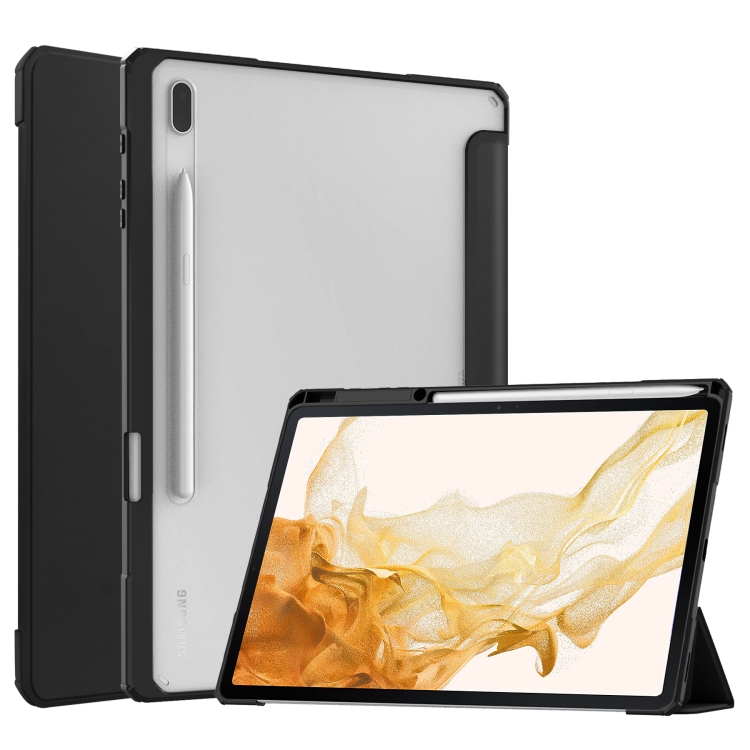 

For Samsung Galaxy Tab S8+ Three-fold Transparent TPU Smart Leather Tablet Case(Black)