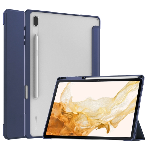 

For Samsung Galaxy Tab S8+ Three-fold Transparent TPU Smart Leather Tablet Case(Dark Blue)