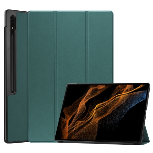 

For Samsung Galaxy Tab S8 Ultra Three-folding Holder Custer Texture Leather Tablet Case(Green)