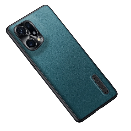 

For OPPO Find X5 Folding Holder Plain Leather Phone Case(Lake Green)