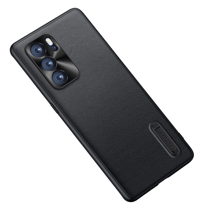 

For OPPO Reno6 Pro 5G Folding Holder Plain Leather Phone Case(Black)