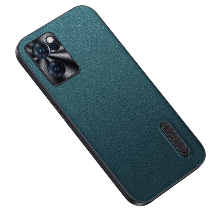 

For OPPO Reno7 5G Folding Holder Plain Leather Phone Case(Lake Green)