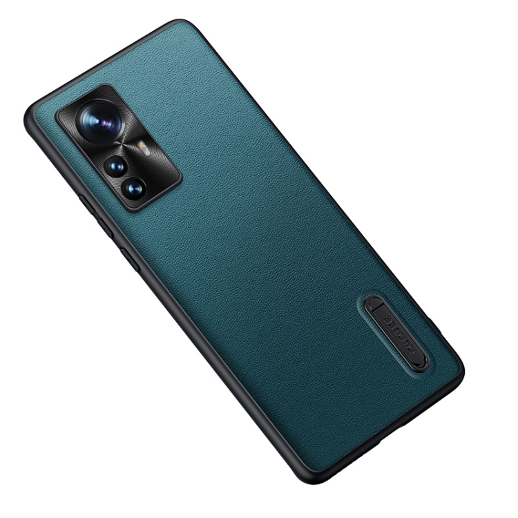 

For Xiaomi 12 Pro Folding Holder Plain Leather Phone Case(Lake Green)