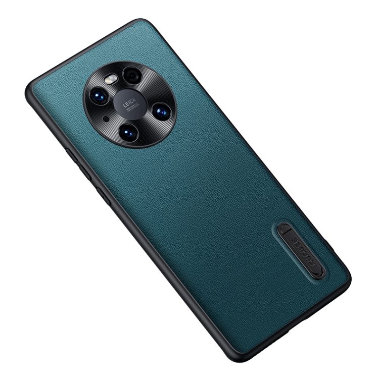 

For Huawei Mate 40 Folding Holder Plain Leather Phone Case(Lake Green)