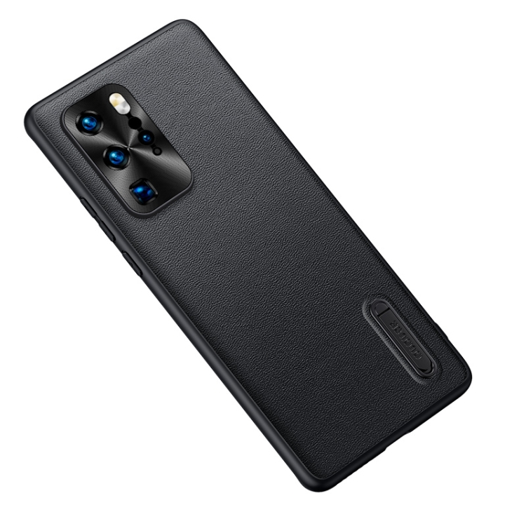 

For Huawei P40 Pro Folding Holder Plain Leather Phone Case(Black)