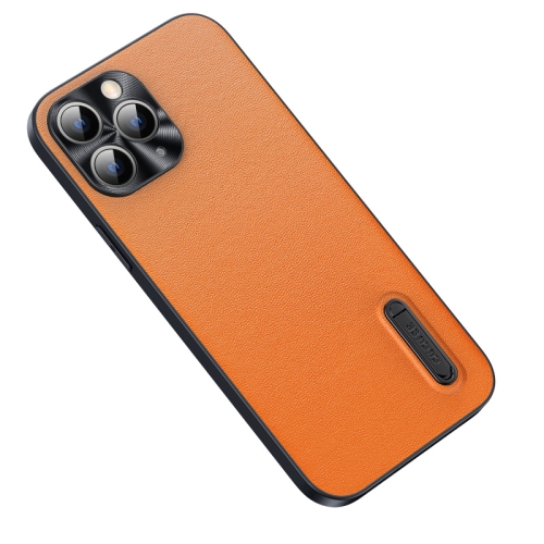 

Folding Holder Plain Leather Phone Case For iPhone 12 Pro(Orange)