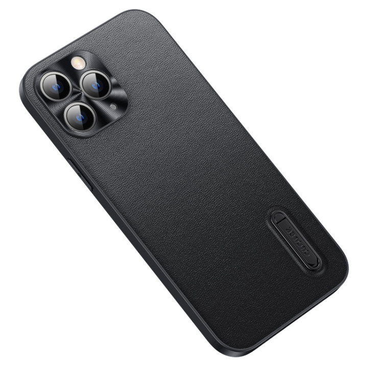 

For iPhone 12 Pro Max Folding Holder Plain Leather Phone Case(Black)