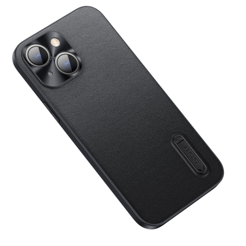 

Folding Holder Plain Leather Phone Case For iPhone 13(Black)