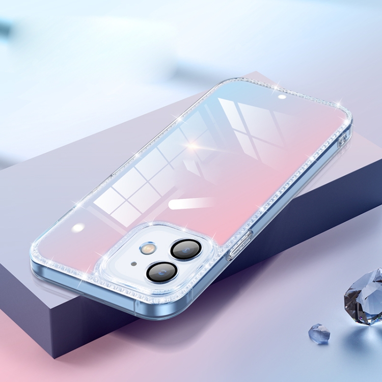 

Diamond Lens Protector Glass Phone Case For iPhone 12(Gradient Transparent Pink Blue)