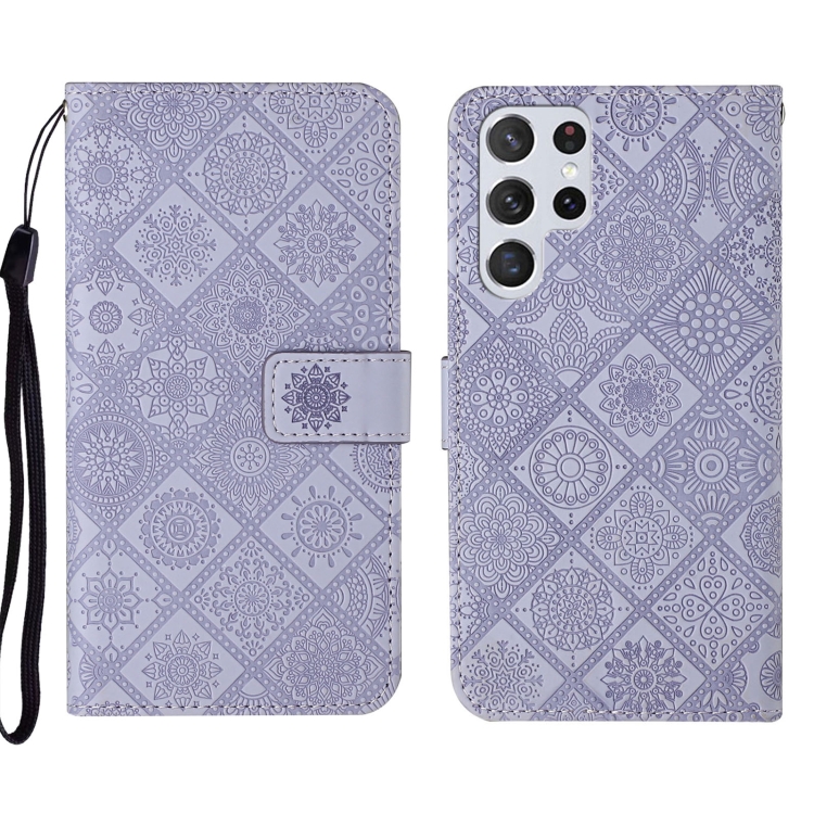 

For Samsung Galaxy S22 Ultra 5G Ethnic Style Embossed Pattern Leather Phone Case(Purple)