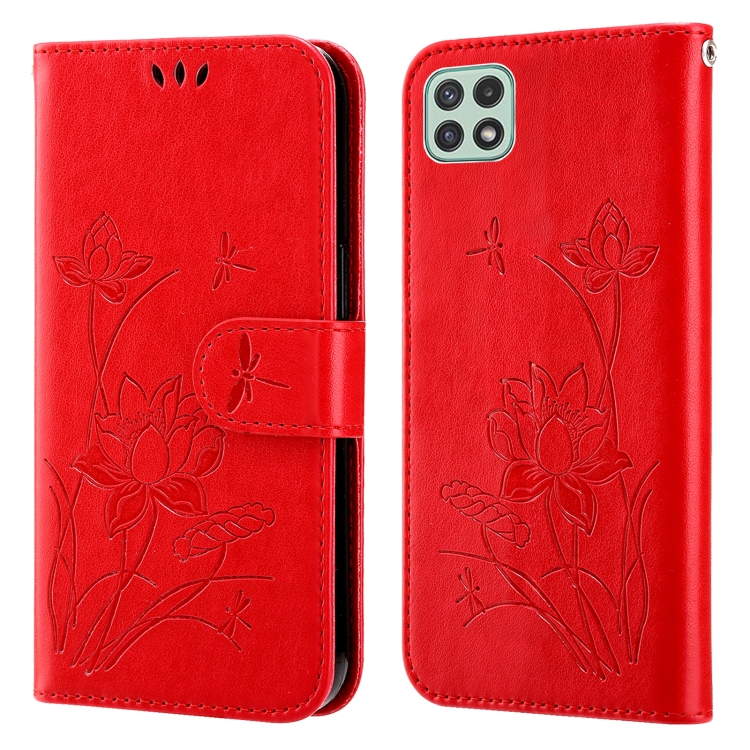 

For Samsung Galaxy A22 5G Lotus Embossed Flip Leather Phone Case(Red)