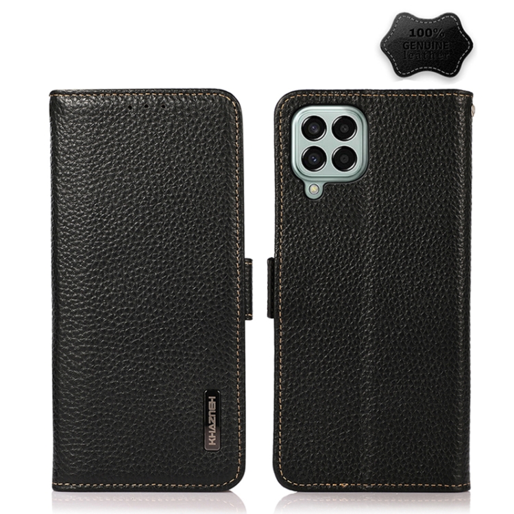 

For Samsung Galaxy M33 5G KHAZNEH Side-Magnetic Litchi Genuine Leather RFID Phone Case(Black)