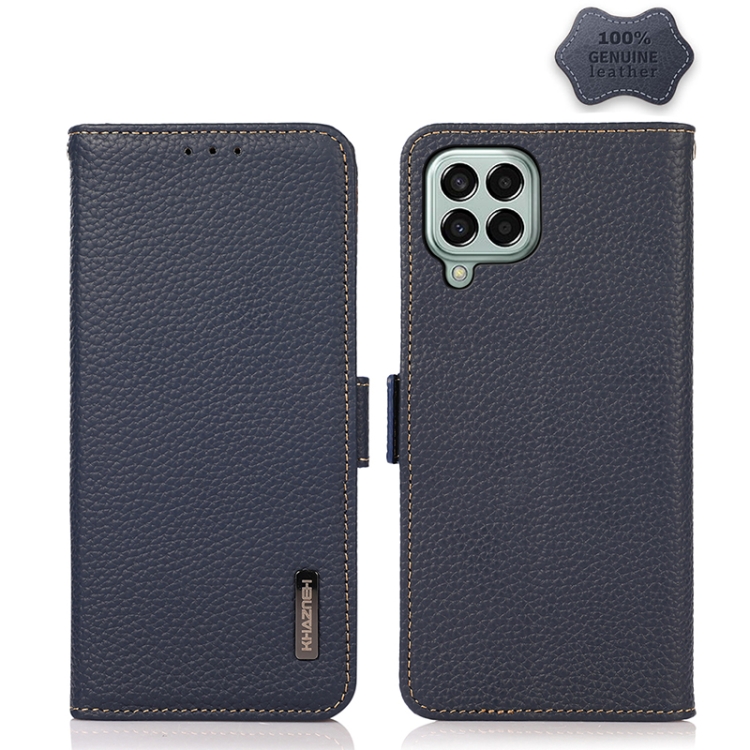 

For Samsung Galaxy M33 5G KHAZNEH Side-Magnetic Litchi Genuine Leather RFID Phone Case(Blue)