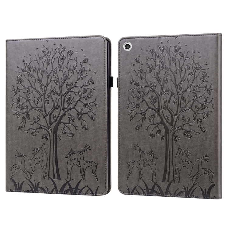 

For Lenovo M10 Plus 3rd Gen Tree & Deer Embossed Leather Tablet Case(Grey)