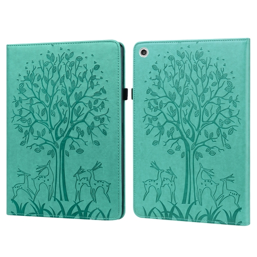 

For Lenovo M10 Plus 3rd Gen Tree & Deer Embossed Leather Tablet Case(Green)