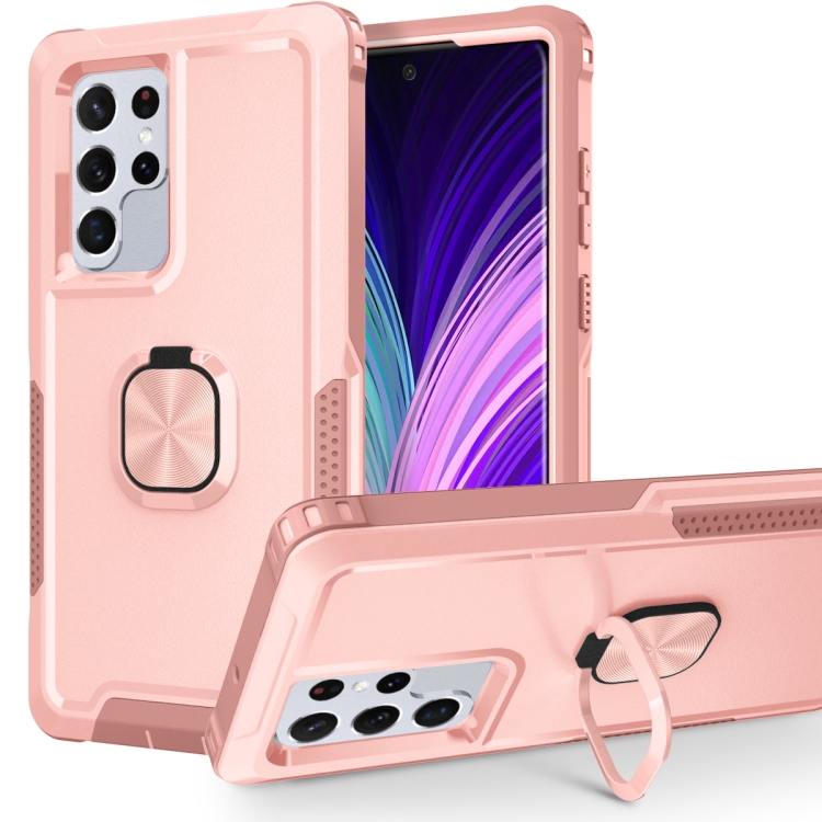 

For Samsung Galaxy S22 Ultra 5G 3 in 1 Ring Holder PC + TPU Phone Case(Rose Gold)