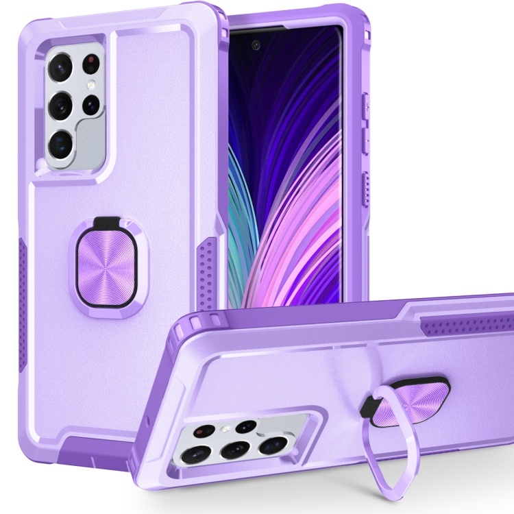 

For Samsung Galaxy S22 Ultra 5G 3 in 1 Ring Holder PC + TPU Phone Case(Purple)