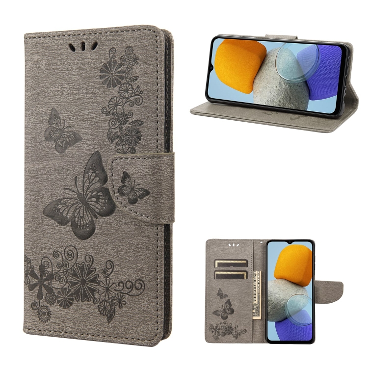 

For Samsung Galaxy M23 5G Butterfly Embossed Leather Phone Case(Grey)