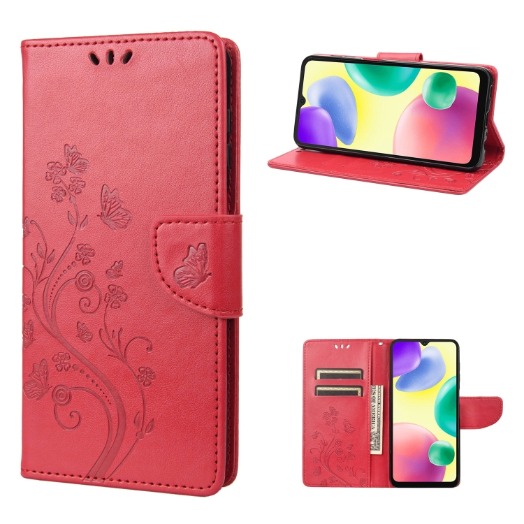 

For Xiaomi Redmi 10A Butterfly Flower Pattern Flip Leather Phone Case(Red)