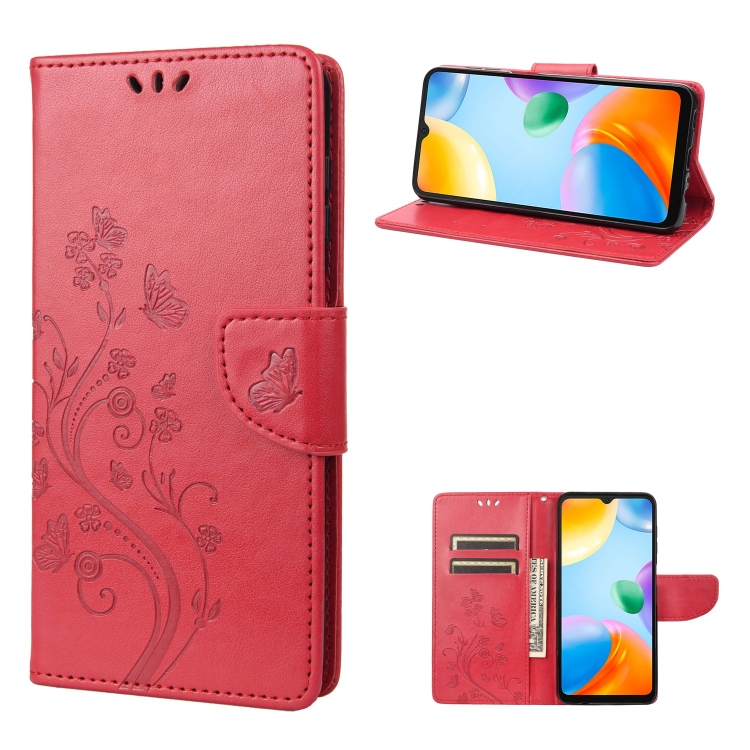 

For Xiaomi Redmi 10C Butterfly Flower Pattern Flip Leather Phone Case(Red)