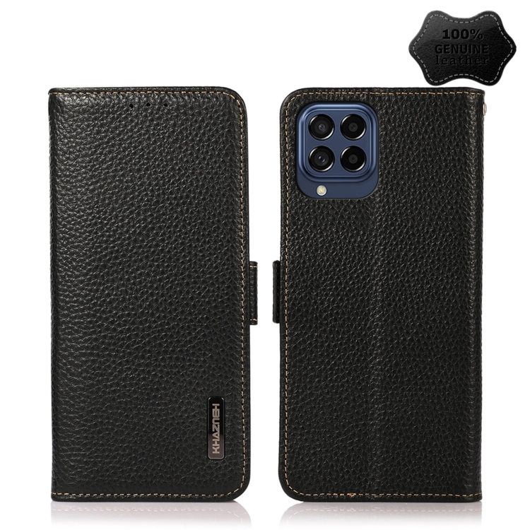 

For Samsung Galaxy M53 5G KHAZNEH Side-Magnetic Litchi Genuine Leather RFID Phone Case(Black)