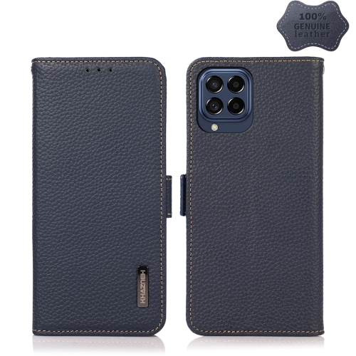 

For Samsung Galaxy M53 5G KHAZNEH Side-Magnetic Litchi Genuine Leather RFID Phone Case(Blue)