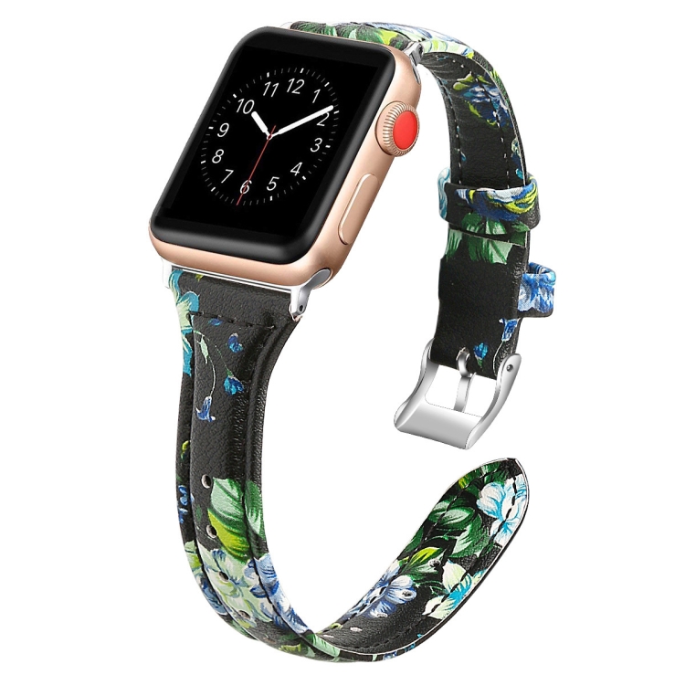 

Genuine Leather Watch Band For Apple Watch Ultra 49mm / Series 8&7 45mm / SE 2&6&SE&5&4 44mm / 3&2&1 42mm(Green Flower)