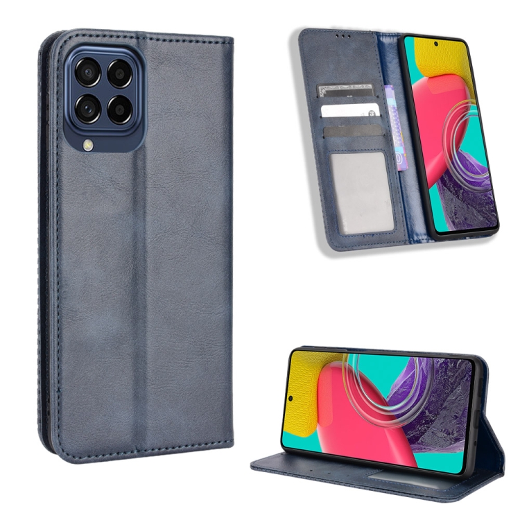 

For Samsung Galaxy M53 5G Magnetic Buckle Retro Texture Leather Phone Case(Blue)