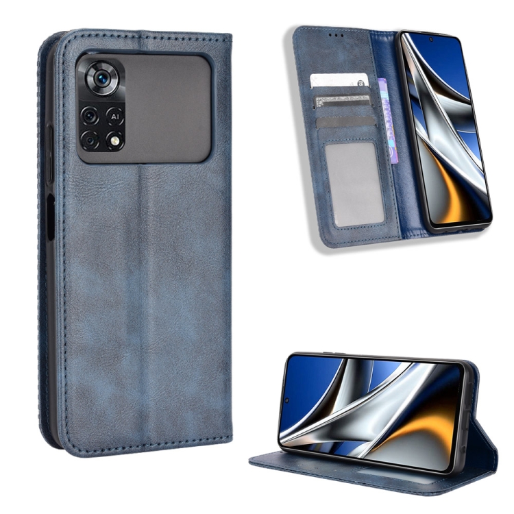 

For Xiaomi Poco M4 Pro 4G Fine Hole Magnetic Buckle Retro Texture Leather Phone Case(Blue)