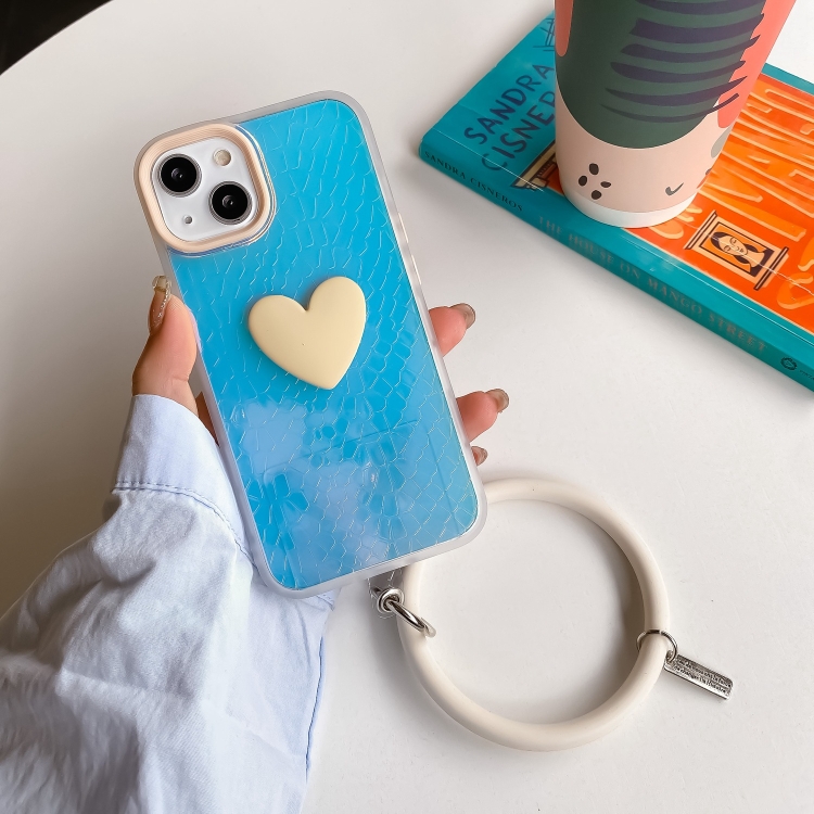 

For iPhone 13 Laser Crocodile Texture Hearted Phone Case with Wrist Band(Milk Tea Color)