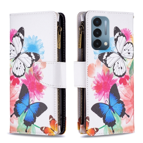 

For OnePlus Nord N200 5G Colored Drawing Pattern Zipper Horizontal Flip Phone Leather Case(Two Butterflies)