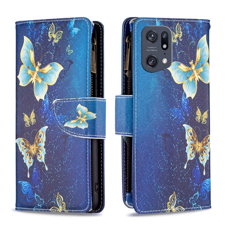 

For OPPO Find X5 Pro Colored Drawing Pattern Zipper Horizontal Flip Phone Leather Case(Gold Butterfly)