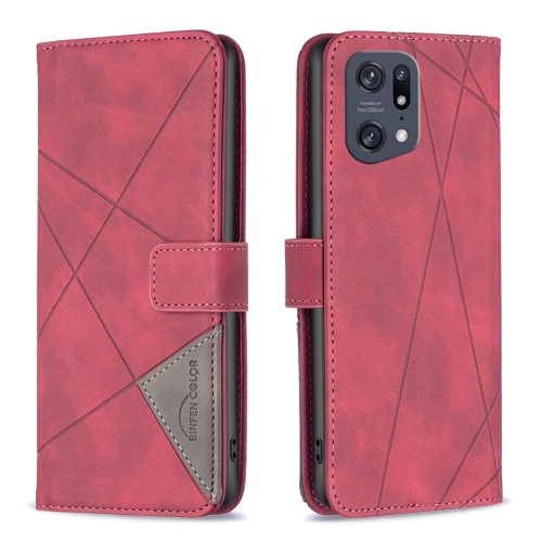 

For OPPO Find X5 Pro BF05 Magnetic Buckle Rhombus Texture Leather Phone Case(Red)