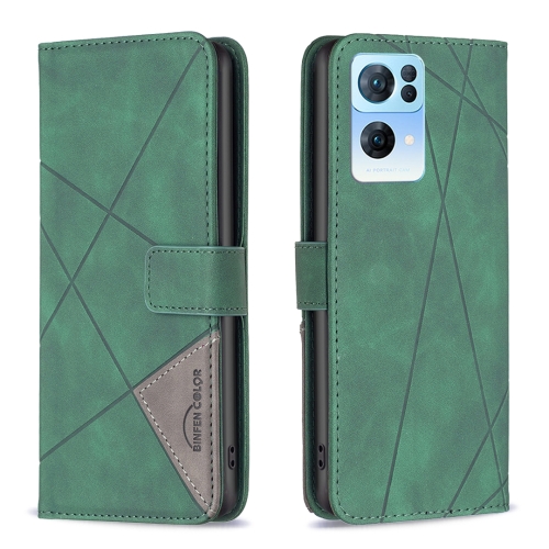 

For OPPO Reno7 5G Global BF05 Magnetic Buckle Rhombus Texture Leather Phone Case(Green)