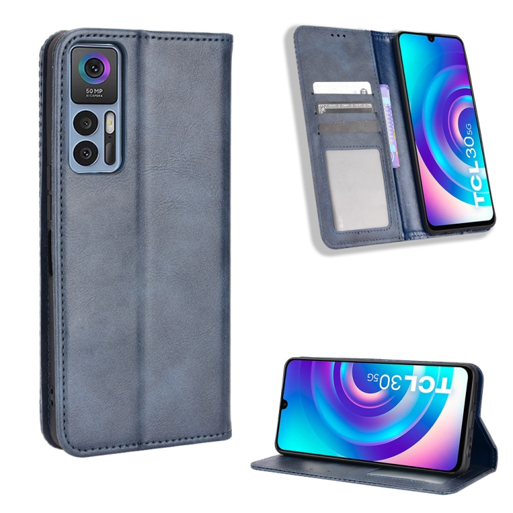 

For TCL 30 5G / 30+ Magnetic Buckle Retro Texture Leather Phone Case(Blue)