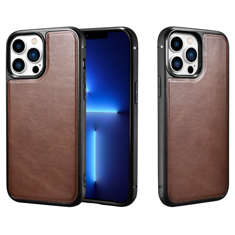 

For iPhone 13 Pro Max ICARER Cowhide Leather TPU Back Phone Case (Brown)
