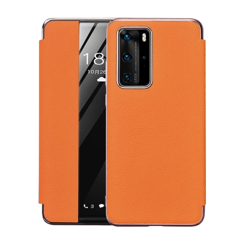 

For Huawei P40 Pro Plating Grain Cowhide Leather Flip Phone Case(Orange)