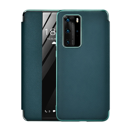 

For Huawei P40 Pro Plating Grain Cowhide Leather Flip Phone Case(Green)