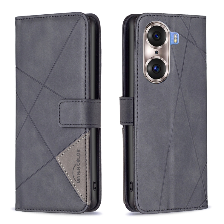 

For Honor 60 Pro Rhombus Texture Magnetic Buckle Horizontal Flip Leather Phone Case(Black)