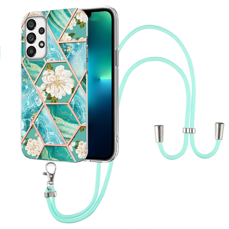 

For Samsung Galaxy A73 5G Splicing Marble Flower Pattern TPU Phone Case with Lanyard(Blue Flower)