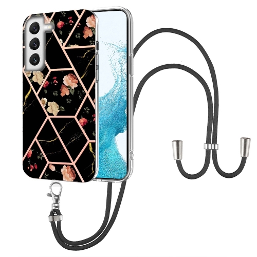 

For Samsung Galaxy S22 5G Splicing Marble Flower Pattern TPU Phone Case with Lanyard(Black Flower)