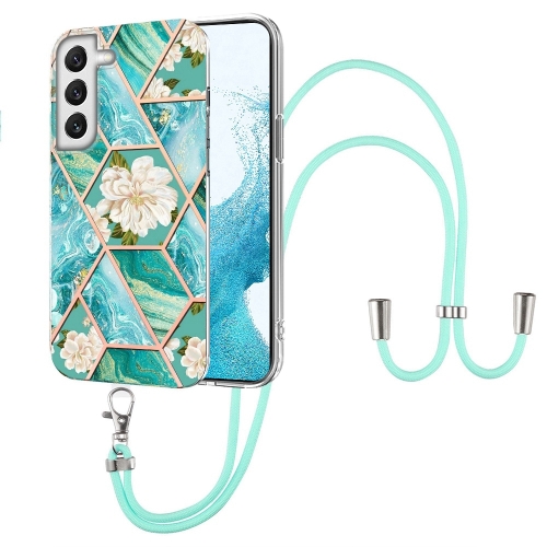 

For Samsung Galaxy S22+ 5G Splicing Marble Flower Pattern TPU Phone Case with Lanyard(Blue Flower)