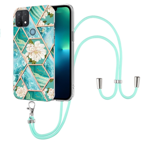 

For OPPO A15 / A15s Splicing Marble Flower Pattern TPU Phone Case with Lanyard(Blue Flower)