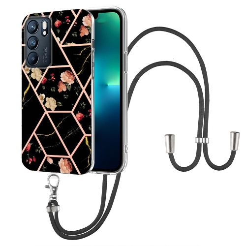 

For OPPO Reno6 5G Splicing Marble Flower Pattern TPU Phone Case with Lanyard(Black Flower)
